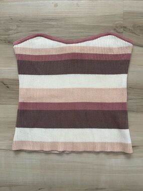 Striped Ribbed Strapless Camisole in Pink, Cream & Brown